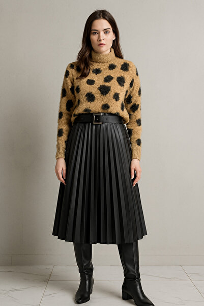BLESSİNGTR Women's Thin Pleated Leather Skirt