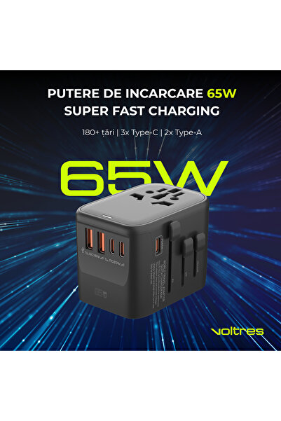Voltres Adaptor universal priza 65W, 3x Type-C & 2x Type-A, pentru US, UK, UE, Asia, 180+ tari, Negru