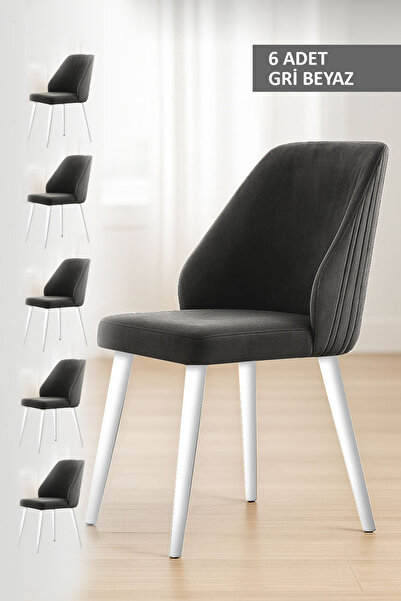 Renlife Sandalye 6 Adet Mutfak/Salon Sandalyesi Baby Face Kumaş Metal Siyah Ayak ( Gri Kumaş Beyaz Ayak)