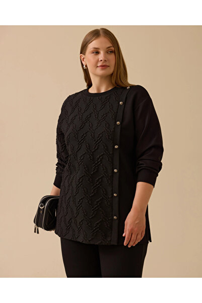 Genel Markalar Büyük Beden Dokulu Düğme Detaylı Sweatshirt