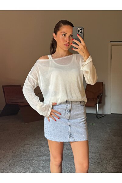 Gallogi Silver Taş İşlemeli Denim Mini Etek