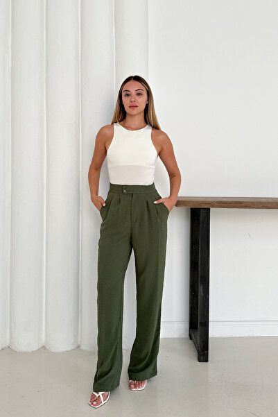 MİROR Women's Khaki Ayrobin Fabric High Waist Wide Leg Pleated Trousers