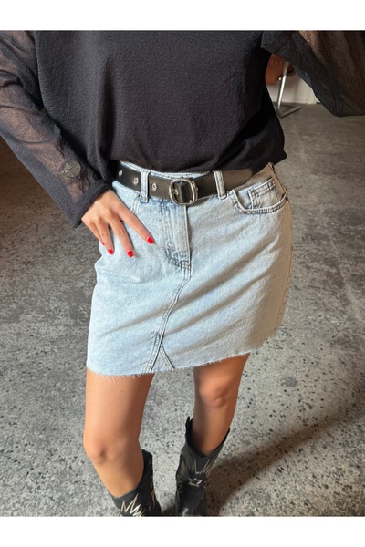 Gallogi Kemerli Mini Denim Etek