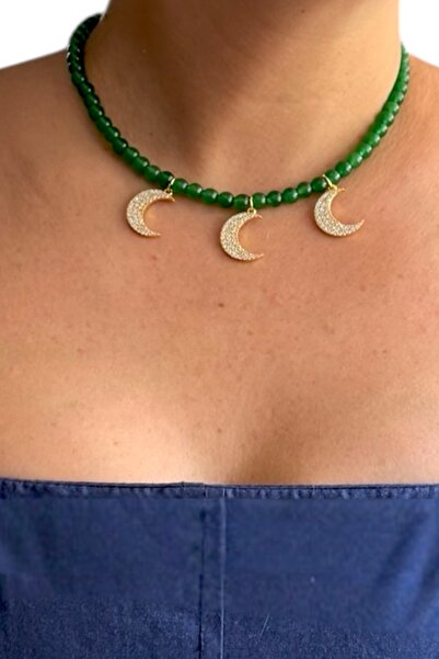 Pinty Design قلادة نسائية من حجر اليشم الأخضر الطبيعي على شكل هلال