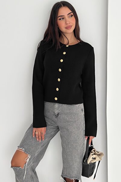 FEMELLE Black Basic Gold Button Cardigan - Standard Size