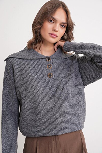 Mixray 6900 Women's Buttoned Turn-Down Collar Knit Sweater Anthracite
