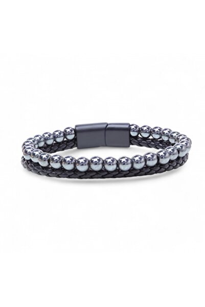 FM Hematite Natural Stone Leather Men's Bracelet 31832B7D9
