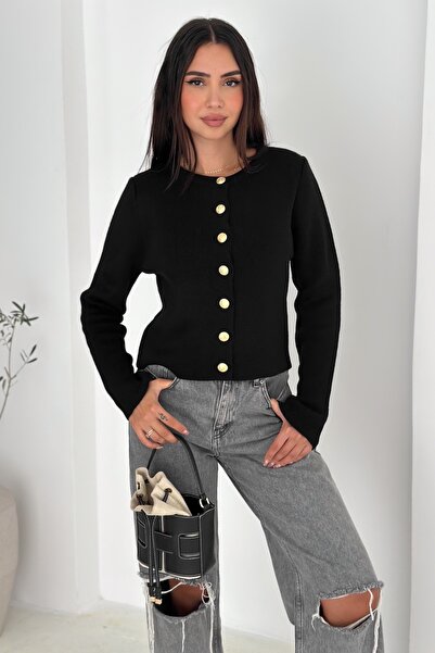 FEMELLE Black Basic Gold Button Cardigan - Standard Size