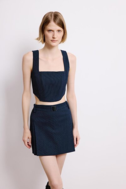 rue Striped Navy Blue Shorts Skirt with Belt Detail