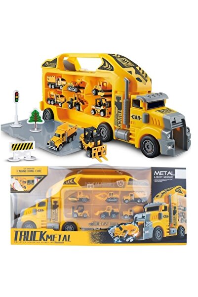 ideal STORE Dlouhý návěs kamionu s 6 stavebními vozidly a 4 dopravními značkami