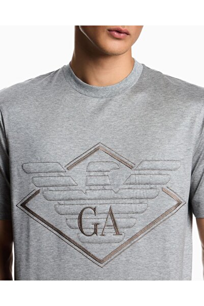 Emporio Armani Men's Big Eagle Embroidered Round Neck Cotton Short Sleeve Gray T-Shirt Em002835 Af10761-O8005