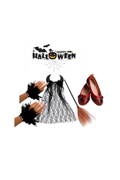 3b kids Red Spider Ballet + Horned Crown + Ankle-Length Furry Gloves + Broom Halloween