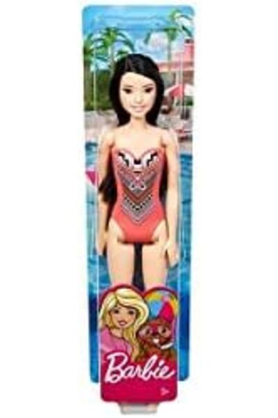 Barbie دمية باربي الشاطئية بشعر أسود طويل وملابس سباحة منقوشة