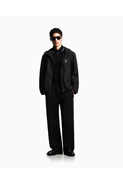 Emporio Armani Erkek Normal Kalıp Kapüşonlu Metalik Logo Detaylı Siyah Ceket EM003417 AF18264-UC001