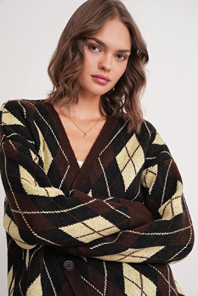 Mixray 6937 Γυναικεία πλεκτή ζακέτα με σχέδιο μπακλαβά, υπερμεγέθη, καφέ