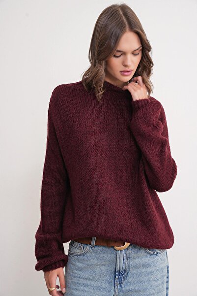 Mixray 6700 Γυναικείο πλεκτό πουλόβερ με ψηλό γιακά μπαλόνι μπορντό