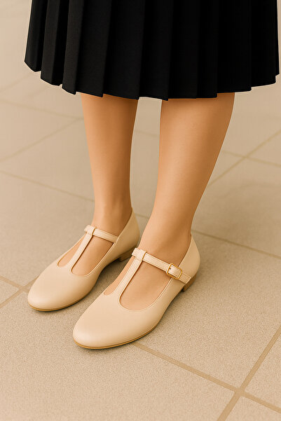 DAD WOLF Bej Rugan T-Strap Mary Jane Tasarım Babet