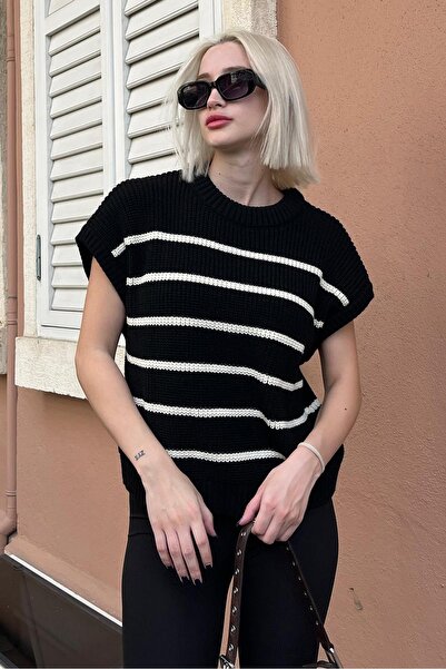 Madmext Black/White Striped Knitwear Sweater Mg2159
