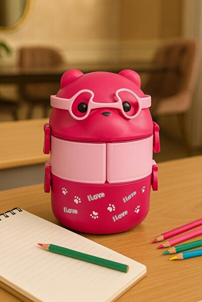 YzHome 3-Compartment 2-Layer Acrylic Teddy Bear Lunch Box Bag Storage Container with Handle