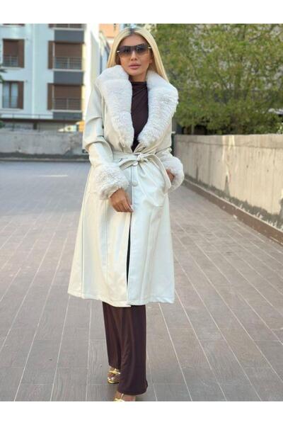 Kokoşum Butik 3589 Kürklü Uzun Deri Trench Ekru