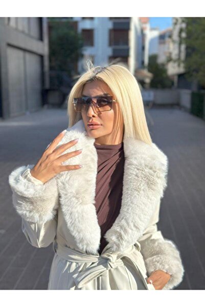 Kokoşum Butik 3589 Kürklü Uzun Deri Trench Ekru