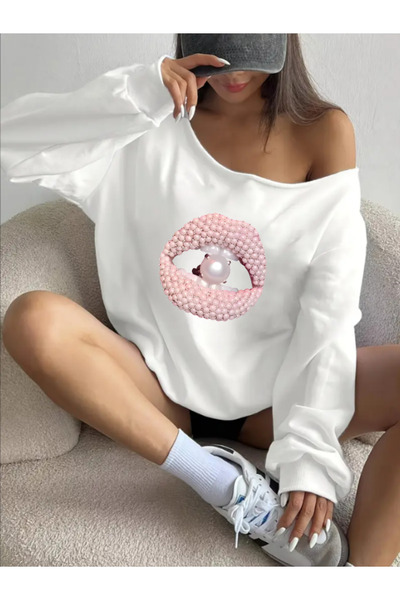 MELADYAN Kadın inci dudak baskılı oversize sweetshirt