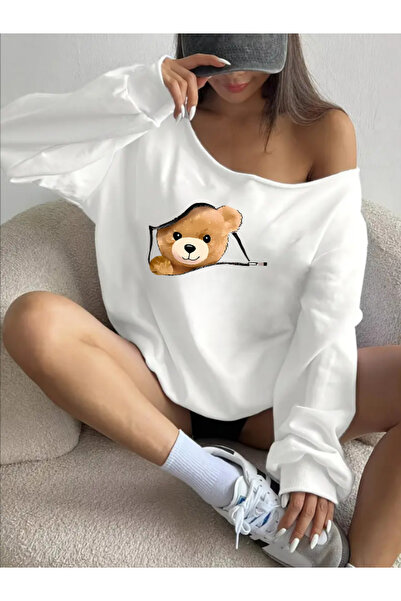 MELADYAN Kadın ayıcık baskılı oversize sweetshirt