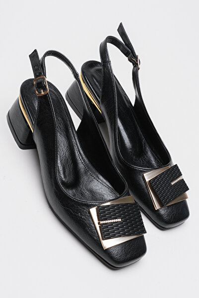 AleWomen Ponn Siyah Cilt Kare Burun Alçak Topuk Gold Toka Detaylı Kadın Ayakkabısı