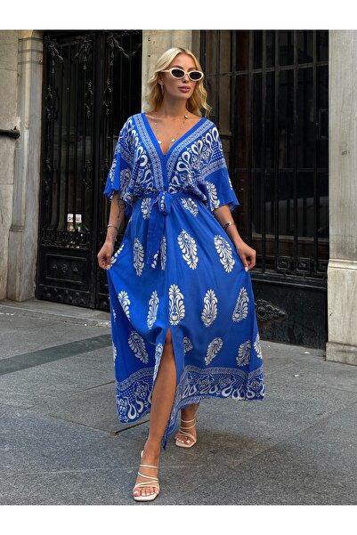 Tubik Rochie de damă cu decolteu în V, cu centură în talie, cu model gipeli