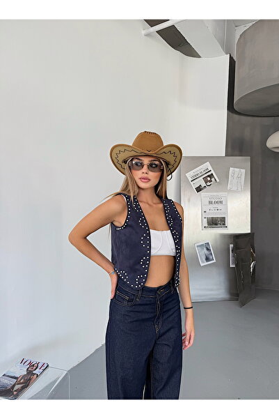 BEJNA Жіночий синій штучний замш з металевими камінцями, еластичний жилет