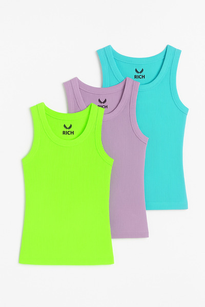 Rich Women's 3-Pack Pistachio Green-Lilac-Turquoise Zero Sleeve Camisole Bodysuit-Crew Neck 100% Cotton Tank Top B