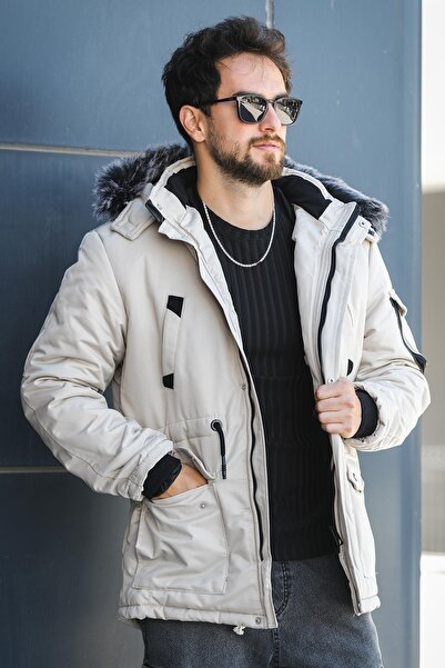 Oksit Remo Fur Lined Hooded Canvas Long Coat Parka