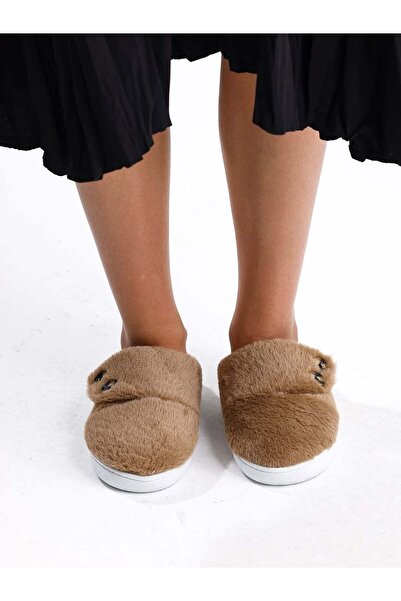 Behtah Kundura Beige Button Detailed Non-Slip Sole Plush Women's House Slippers with Complete Wool Inside