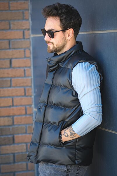 Oksit Oxfo Waterproof Stand Collar Men's Puffer Leather Vest with Pockets