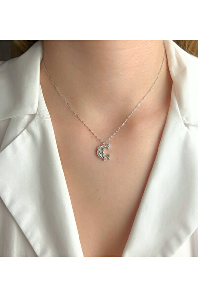 Şimal Silver 925 Ayar Gümüş Rodyum Kaplamalı Baget Taşlı - Ç - Harfi Kolye