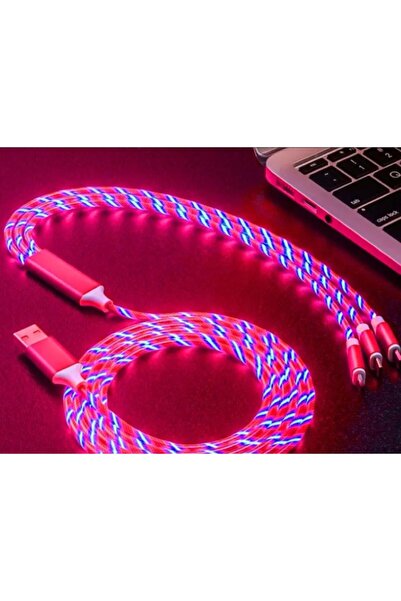 ALAINN 3 in 1 luminous charging cable, USB, USB-C, iPhone, TPE coated, Light Up, 5V, 2A, 1m, red