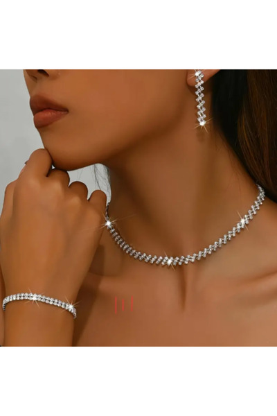 SE Jewellery Collection Selin Ersoy Zirkon Taşlı Gelin Düğün Ve Davet Seti (Kolye, Küpe, Bileklik)