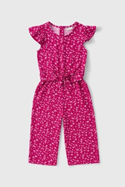 Kübra Tekstil Girls' Fuchsia Ruffle Sleeve Belted Floral Print Romper - Girls' Romper