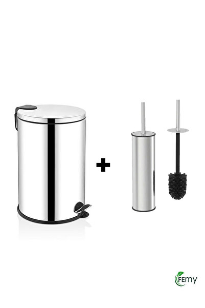 Femy Krom Pedallı Çöp Kovası 8 lt+ Metal Tuvalet Wc Fırçası Klozet Fırçası