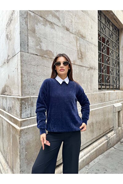 Hatun Atila سترة تريكو ذات ملمس ناعم كبيرة الحجم 2616 - أزرق داكن