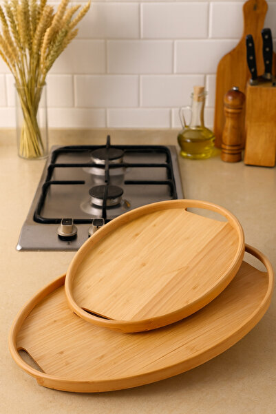 Çavdar Group طقم صواني تقديم بيضاوية من الخيزران مكون من قطعتين، صينية تقديم من الخيزران مكونة من قطعتين
