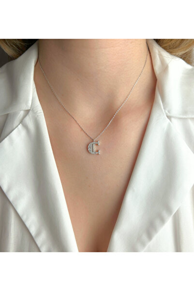 Şimal Silver 925 Ayar Gümüş Rodyum Kaplamalı Baget Taşlı - C - Harfi Kolye