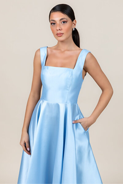 DORİDORCA Kadın Kare Yaka Kalın Askılı Bilek Boy Saten Abiye Elbise 6098 Bebe Mavisi