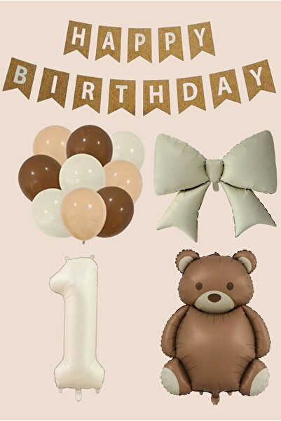 BİDOLUMUTLULUK Fiyonklu Retro Ayı Folyo Balonlu Karamel Doğum Günü Seti Parti...