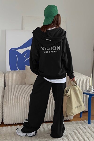 The Champ Clothing Γυναικείο σετ φόρμας oversize Vision με στάμπα μαύρο – Φούτερ με φερμουάρ, κορδόνι στη μέση, πόδια σε σχήμα σωλήνα