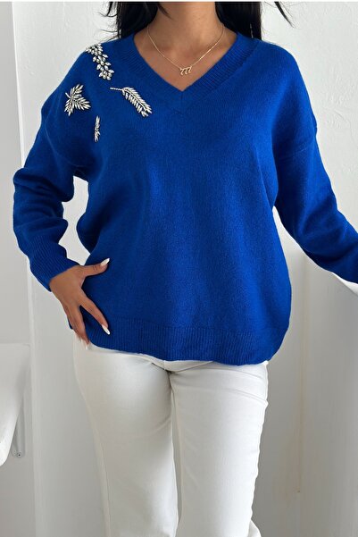 FEMELLE Saks Mavi Taş İşlemeli Oversize Triko Kazak Standart Beden