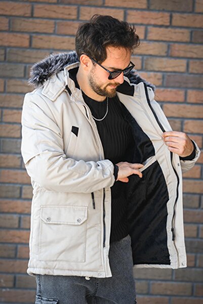 Oksit Remo Fur Lined Hooded Canvas Long Coat Parka