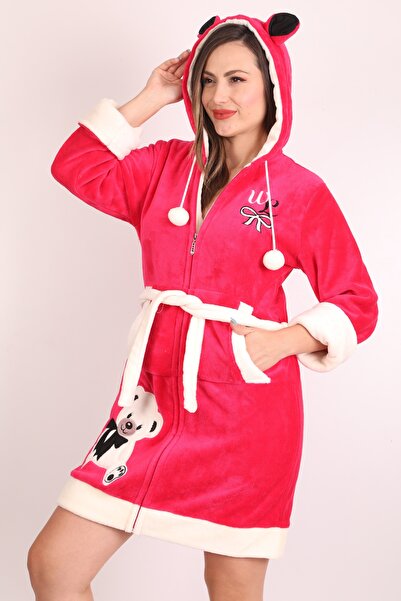 Wild Love Women's Hooded Embroidered Zippered Short Dressing Gown