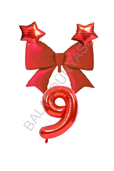 BAL10 DÜNYASI Red Color Star Bow Number Foil Balloon Set 9 Years Old