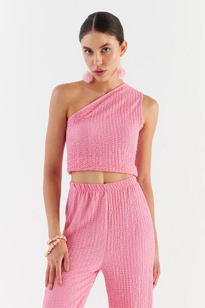 Shopping Shop One Shoulder Seersucker Fabric Blouse Pants Set Pink